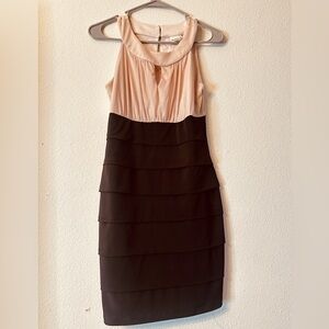 vintage short gala dress, glittery champagne with black, stretchy, size 6P (M)